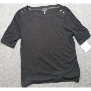 Ellen Tracy Blouse Womens XL Black Solid Cotton Knotted Front Boat Neck Top New